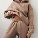 Nadorine Casual Solid Color Long Sleeve Hooded Sports Suit Hoodie Sweatshirt Two Piece Set