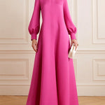Puff Sleeves Solid Color Split-Joint Round-Neck Maxi Dresses Shirt Dress