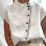 Nadorine Cotton Linen Turtleneck Short Sleeve Shirt Stand Collar Button Down Casual Tops