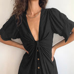 V Neck Short Sleeve Button Down Blouse Dress Tie Casual Long Maxi Dresses