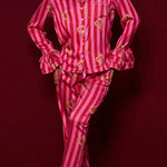 Festive Season Long Candy Stripe Tiered Bell Cuffs Elastic Waist Pocketed Pajama Set