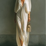 Women's Ivory Silky Fabric Deep V-Neck Maxi Dress With Puff Sleeves & Side Slit