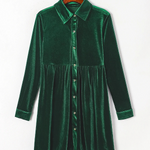 Green Long Sleeve Ruffle Velvet Button Up Shirt Dress