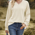 V-Neck Solid Color Twisted Knit Long Sleeve Loose T-Shirt Tops