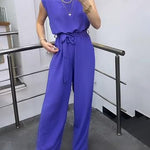 Solid Color Loose Belted Tie Wide Leg Jumpsuit