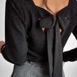 Sweet Bowknot Backless V Neck Long Sleeve Top