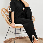 Nadorine Contrasting Color Slit Short-sleeved Sweater Wide-leg Trousers Two-piece Set