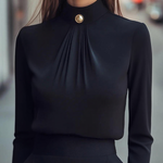 Long Sleeves Buttoned Pleated Solid Color Zipper Mock Neck Blouses&shirts Tops