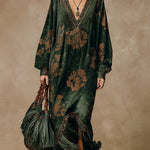 Retro Silhouette Printed Green Faux Suede Tassel Maxi Dress