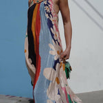 Scoop Neck Color Block Floral Print Ruffle Maxi Cami Dress