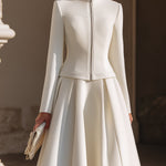 Stand Collar Zip-Up Jacket And Pleated Midi Skirt Set