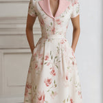 Floral Lapel Short Sleeve Midi Dress With Tailored Waist