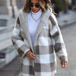 Hooded Loose Plaid Bubble Fleece Cardigan Jacket