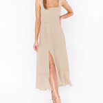 Tie-straps Ruffled Square Collar Sleeveless Slit Mid-length Dress