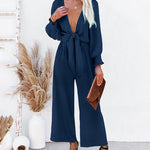 Wide Leg Casual Long Sleeve Solid Color Bowknot V Neck Jumpsuit