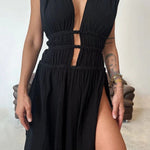 Chic slit braided lace-up cotton and linen dress
