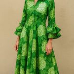 Flared Sleeves High Waisted Flower Print Pleated Lapel Maxi Dresses