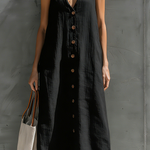 Women's Elegant Black V-neck Cotton And Linen Blend Sleeveless Maxi Dress