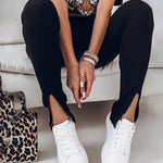 High Waist Ribbed Slit Leggings Tummy Control Pants