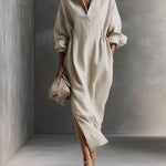 Women's Beige Relaxed Cotton Drawstring - Detail Maxi Dress