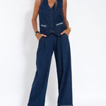 Nadorine Casual Denim Two-piece Set Sleeveless Vest and Long Wide-leg Jeans Pants