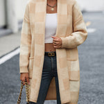 Plaid Dropped Shoulder Cardigan with Pocket