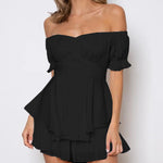 Off Shoulder Mini Rompers Solid Ruffle Hem Shorts Jumpsuit Dress