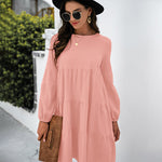 Long Puff Sleeve Shirt Dress Casual Crewneck Loose Fit Sundress Trendy Tiered Layer Summer Mini Dresses