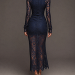 Valentina | Long navy lace dress with high neck and dramatic slit
