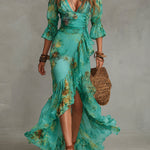 Grass Green Chiffon Irregular Ruffled Slit Maxi Dress