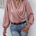 Nadorine Elegant V-neck Lantern Sleeve Blouse Temperament Solid Color Shirt for Women Casual Work Office Loose Fit 2026 | Under $40