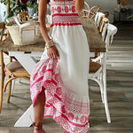 Malibu Villa Ethnic Printed Smocked Shoulder Tie Maxi Dress