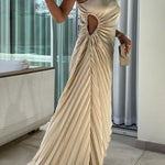 Romantic Nights Satin Raised Flower Elastic Cutout One Shoulder Pleated Maxi Dress