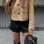 Lapel Button Up Pocketed Faux Suede Crop Jacket