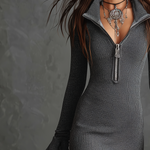 Retro Zipper Neck Trumpet Sleeve Knitted Midi Dress