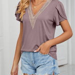 Zeagoo Zeagoo Women's Contrast Lace Trim V Neck Blouses Petal Short Sleeve Tunic Loose Casual Soft Shirts