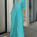 High Waisted Long Sleeves Buttoned Pockets Solid Color V-Neck Jumpsuits