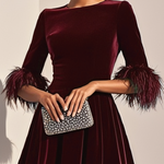 Dark Blue Feather-trimmed Velvet Round Neck Short-sleeved A-line Midi Dress