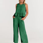 Nadorine 2 Piece Outfits Sleeveless Ruffle Tank Crop Top and Wide Leg Pants Lounge Set with Pockets