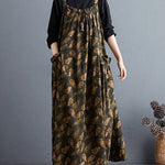 Artistic Retro Ramie Cotton Loose 3 Colors Floral Printed Square-Neck Sleeveless Strap Dress