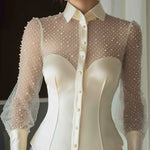 Pearl-Embellished Sheer Sleeve Structured Blouse