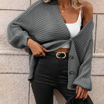 Nadorine Women's Button Down Horizontal-Ribbing Longline Cardigan