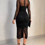 Women's 2 Piece Set Mock Neck Ruched Slit Beaded Mesh Dress and Strapless Slip Dress with Detachable Clear Straps
