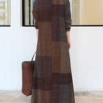 Nadorine Women's Chic Print Button Down Rolled-Up Sleeve Long V-Neck Blouse Maxi Ankle Dress