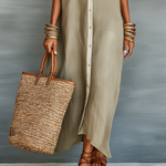 Women's Minimalist Linen Blend Short-sleeved Shirt Maxi Dress