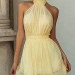 Soft Yellow Halter Neck Chiffon Mini Dress With Layered Skirt