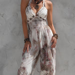 Retro Floral Print Chiffon Straight-leg Jumpsuit