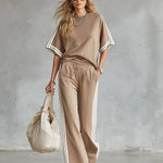 Casual Everyday Sports Striped-trim Khaki T-shirt And Pants Set