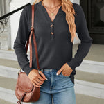 Solid Color V-Neck Button Loose Long Sleeve T-Shirt Top