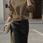 Long Sleeves Loose Belt Buckle Solid Color Round-Neck Sweatshirt Tops